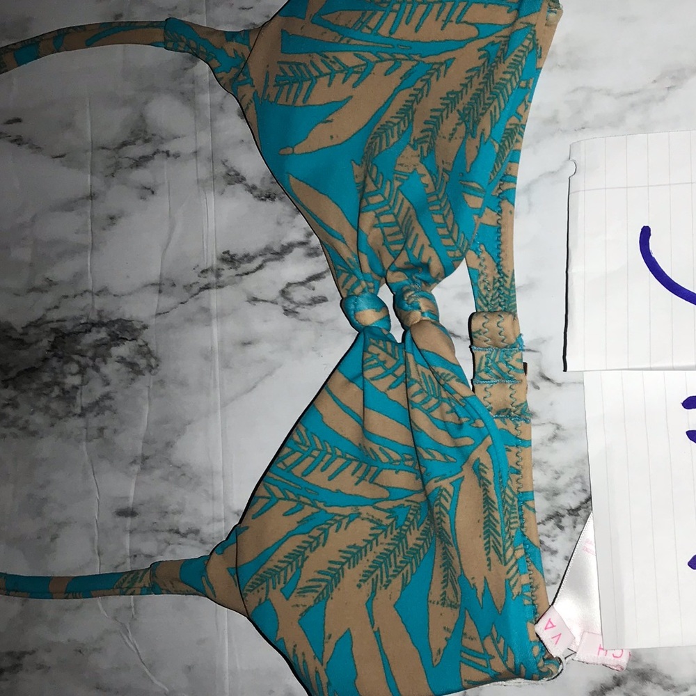 Bikini top tan blue bamboo design